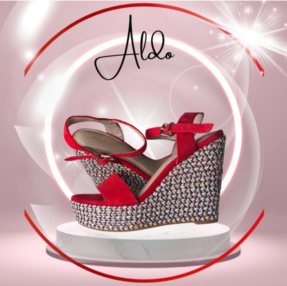 ALDO Women's Lovalewet Platform Sandals Red Suede Multicolor Weave Wedge 6.5 M